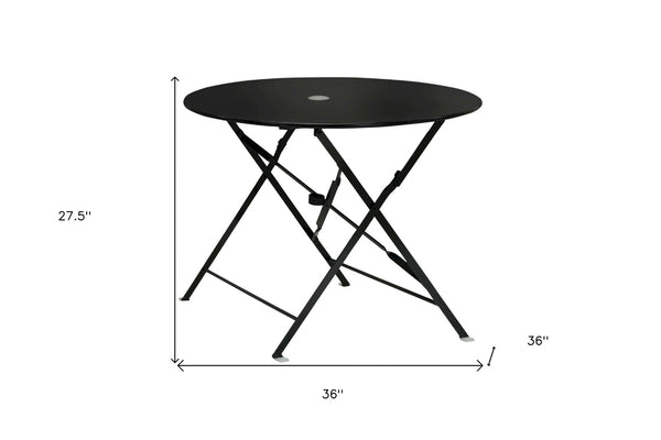 HomeRoots 36" Black Rounded Aluminum Folding Outdoor Dining Table – Stylish, Space-Saving & Umbrella-Ready! 606431
