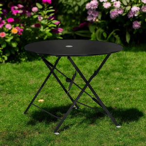 HomeRoots 36" Black Rounded Aluminum Folding Outdoor Dining Table – Stylish, Space-Saving & Umbrella-Ready! 606431