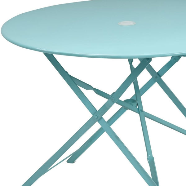 HomeRoots 36" Aqua Folding Bistro Table - Stylish Outdoor Dining with Umbrella Hole for Small Spaces 606432