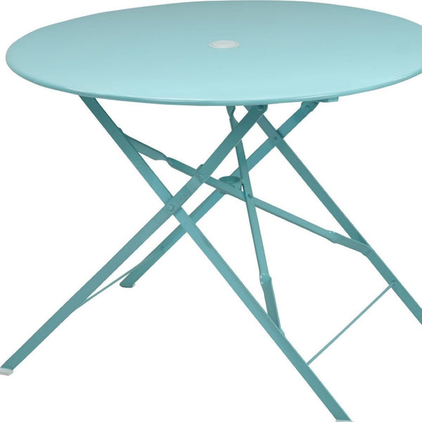 HomeRoots 36" Aqua Folding Bistro Table - Stylish Outdoor Dining with Umbrella Hole for Small Spaces 606432