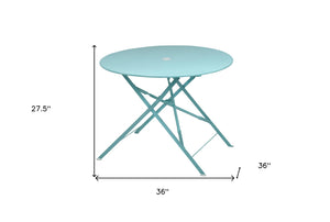 HomeRoots 36" Aqua Folding Bistro Table - Stylish Outdoor Dining with Umbrella Hole for Small Spaces 606432
