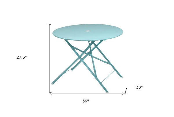 HomeRoots 36" Aqua Folding Bistro Table - Stylish Outdoor Dining with Umbrella Hole for Small Spaces 606432