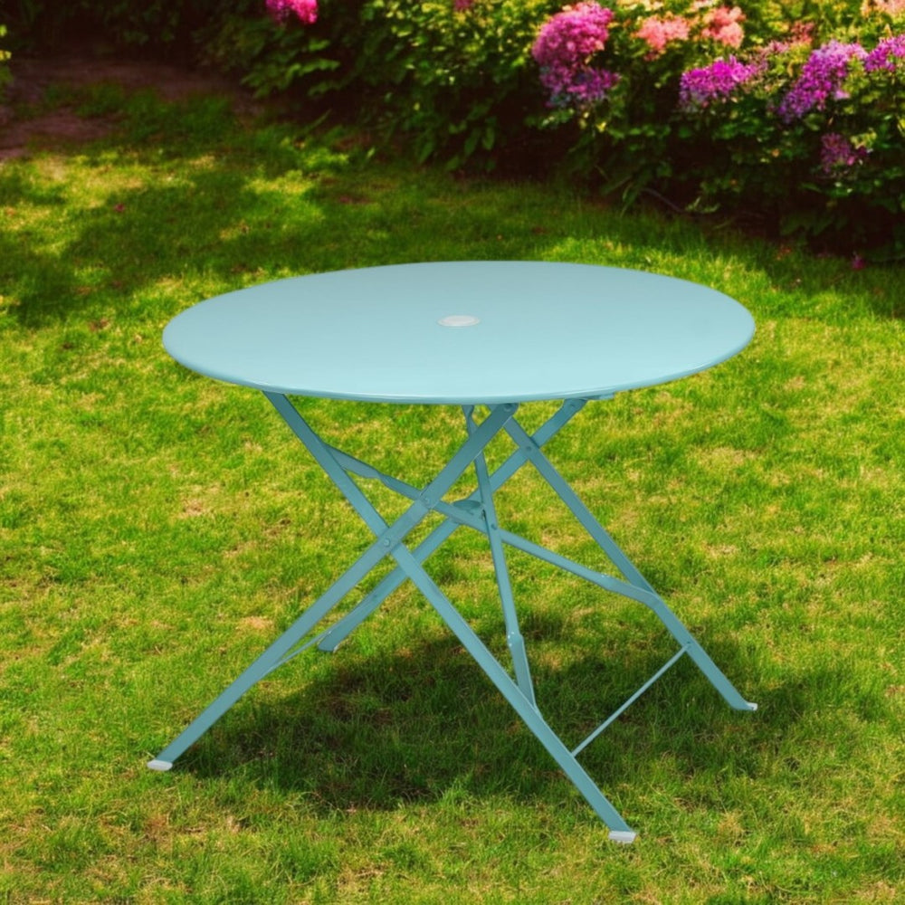 HomeRoots 36" Aqua Folding Bistro Table - Stylish Outdoor Dining with Umbrella Hole for Small Spaces 606432