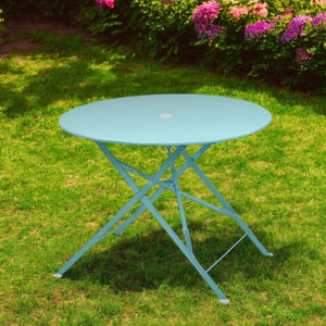 HomeRoots 36" Aqua Folding Bistro Table - Stylish Outdoor Dining with Umbrella Hole for Small Spaces 606432