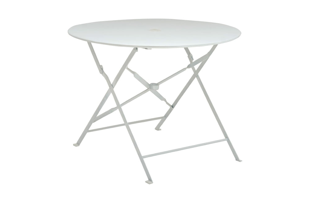HomeRoots 36" Stylish White Aluminum Folding Outdoor Dining Table with Umbrella Hole for Space-Saving Fun 606433
