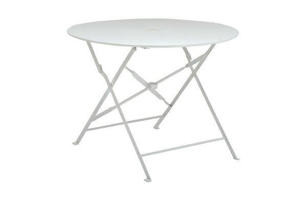 HomeRoots 36" Stylish White Aluminum Folding Outdoor Dining Table with Umbrella Hole for Space-Saving Fun 606433