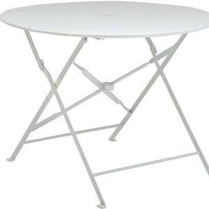 HomeRoots 36" Stylish White Aluminum Folding Outdoor Dining Table with Umbrella Hole for Space-Saving Fun 606433