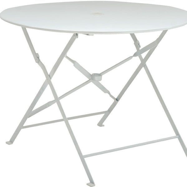HomeRoots 36" Stylish White Aluminum Folding Outdoor Dining Table with Umbrella Hole for Space-Saving Fun 606433