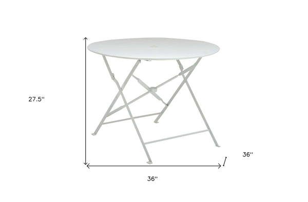 HomeRoots 36" Stylish White Aluminum Folding Outdoor Dining Table with Umbrella Hole for Space-Saving Fun 606433
