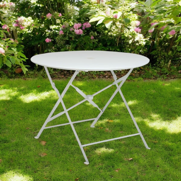 HomeRoots 36" Stylish White Aluminum Folding Outdoor Dining Table with Umbrella Hole for Space-Saving Fun 606433