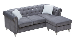 English Elm Raisa Gray Velvet Sofa Chaise with Jewel Tufting, Pocketed Coil Seats, Turned Wood Legs B078S00576