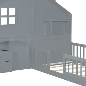 HomeRoots Gray Wood Twin House Bed with USB Charging, Storage Drawers & Supportive Slat System for Kids 606503