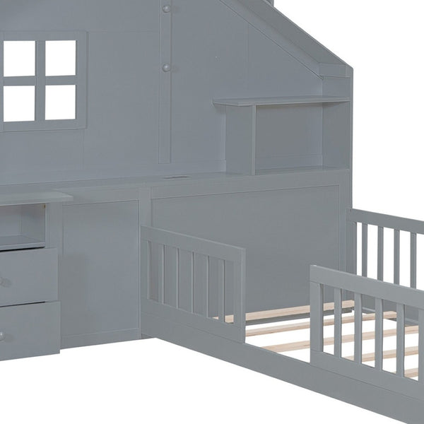 HomeRoots Gray Wood Twin House Bed with USB Charging, Storage Drawers & Supportive Slat System for Kids 606503