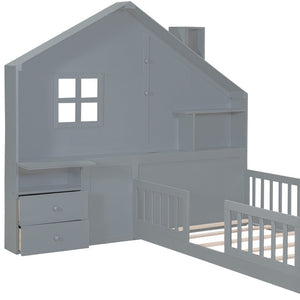 HomeRoots Gray Wood Twin House Bed with USB Charging, Storage Drawers & Supportive Slat System for Kids 606503