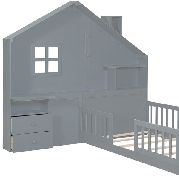 HomeRoots Gray Wood Twin House Bed with USB Charging, Storage Drawers & Supportive Slat System for Kids 606503