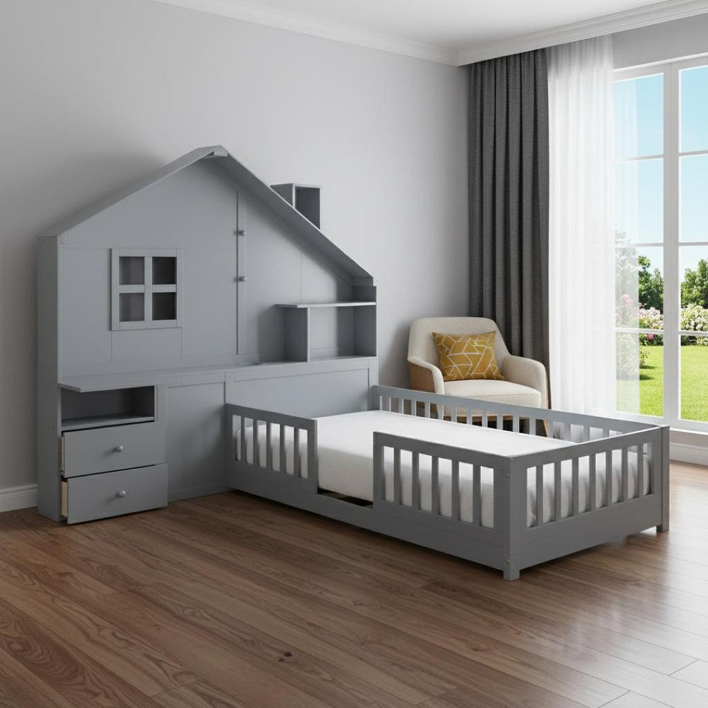 HomeRoots Gray Wood Twin House Bed with USB Charging, Storage Drawers & Supportive Slat System for Kids 606503