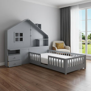 HomeRoots Gray Wood Twin House Bed with USB Charging, Storage Drawers & Supportive Slat System for Kids 606503