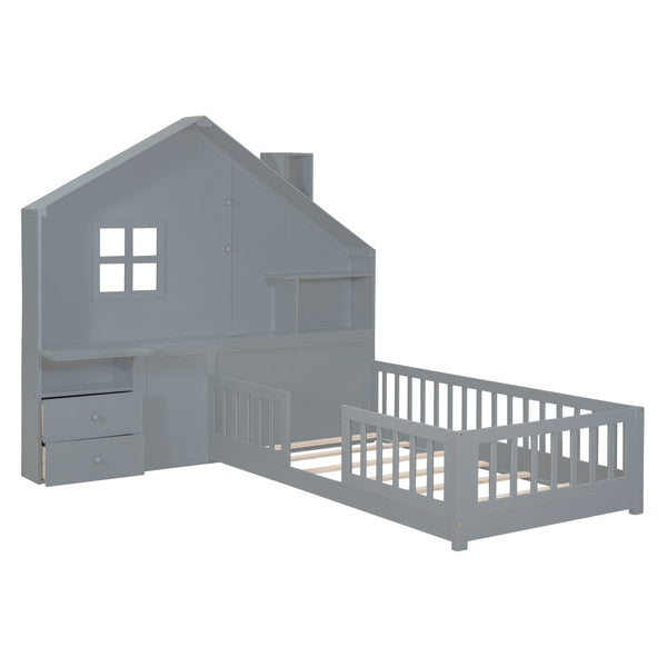 HomeRoots Gray Wood Twin House Bed with USB Charging, Storage Drawers & Supportive Slat System for Kids 606503
