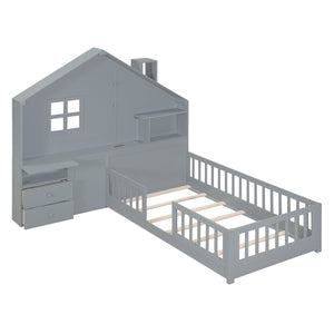 HomeRoots Gray Wood Twin House Bed with USB Charging, Storage Drawers & Supportive Slat System for Kids 606503