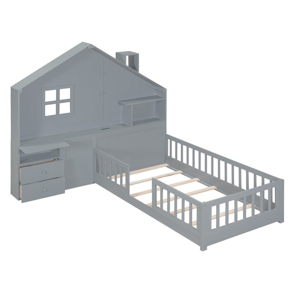 HomeRoots Gray Wood Twin House Bed with USB Charging, Storage Drawers & Supportive Slat System for Kids 606503