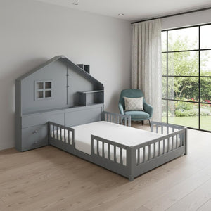 HomeRoots Gray Wood Full House Bed with Built-In USB, Drawers & Modern Design for Stylish Storage Solutions 606505
