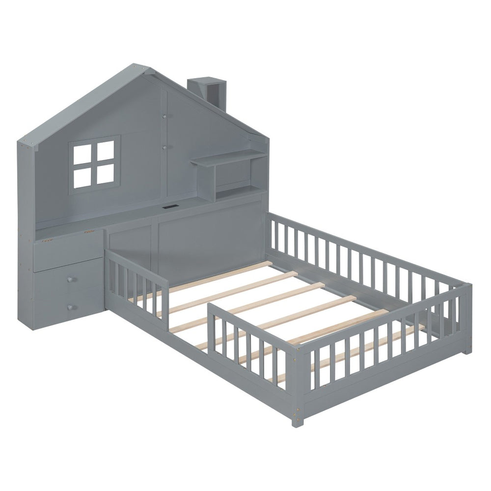HomeRoots Gray Wood Full House Bed with Built-In USB, Drawers & Modern Design for Stylish Storage Solutions 606505