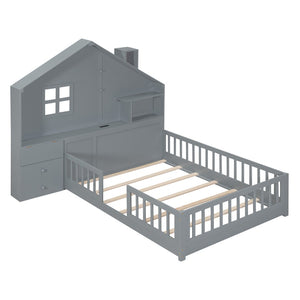 HomeRoots Gray Wood Full House Bed with Built-In USB, Drawers & Modern Design for Stylish Storage Solutions 606505