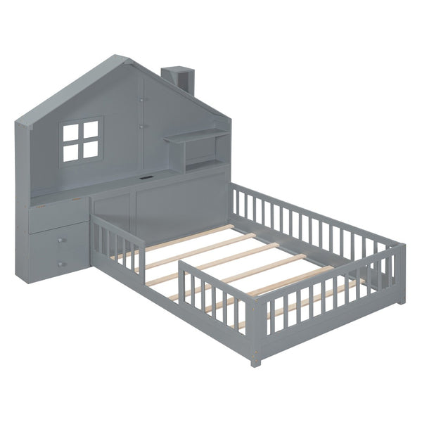 HomeRoots Gray Wood Full House Bed with Built-In USB, Drawers & Modern Design for Stylish Storage Solutions 606505