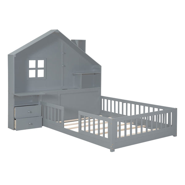 HomeRoots Gray Wood Full House Bed with Built-In USB, Drawers & Modern Design for Stylish Storage Solutions 606505