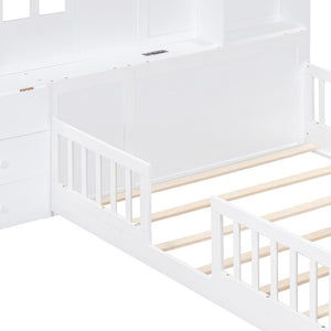 HomeRoots White Modern Full House Bed Frame with USB Charging, Storage Drawers & Sturdy Platform Support 606506