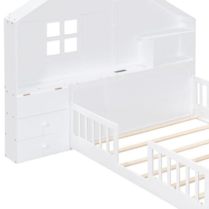 HomeRoots White Modern Full House Bed Frame with USB Charging, Storage Drawers & Sturdy Platform Support 606506