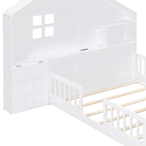HomeRoots White Modern Full House Bed Frame with USB Charging, Storage Drawers & Sturdy Platform Support 606506