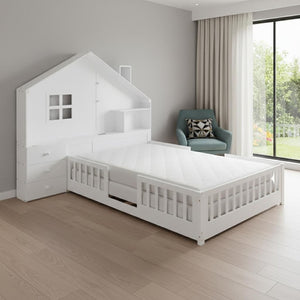 HomeRoots White Modern Full House Bed Frame with USB Charging, Storage Drawers & Sturdy Platform Support 606506