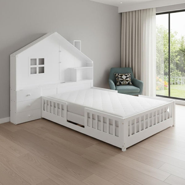 HomeRoots White Modern Full House Bed Frame with USB Charging, Storage Drawers & Sturdy Platform Support 606506