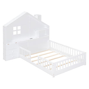 HomeRoots White Modern Full House Bed Frame with USB Charging, Storage Drawers & Sturdy Platform Support 606506