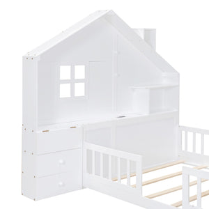 HomeRoots White Modern Full House Bed Frame with USB Charging, Storage Drawers & Sturdy Platform Support 606506