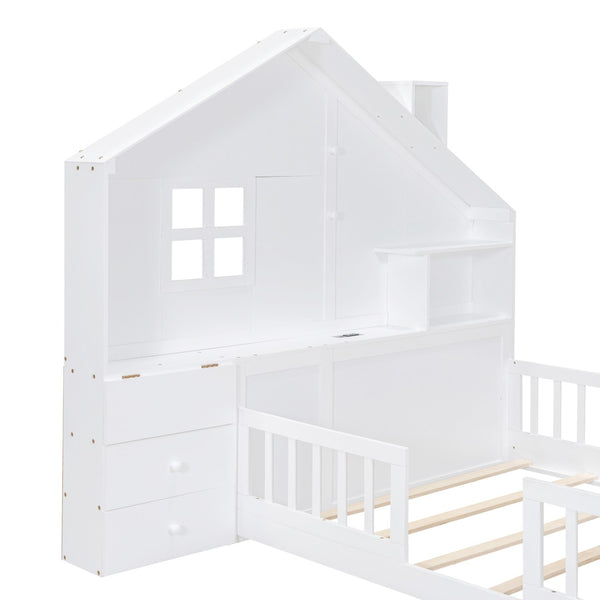 HomeRoots White Modern Full House Bed Frame with USB Charging, Storage Drawers & Sturdy Platform Support 606506