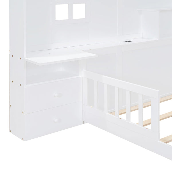 HomeRoots White Modern Full House Bed Frame with USB Charging, Storage Drawers & Sturdy Platform Support 606506