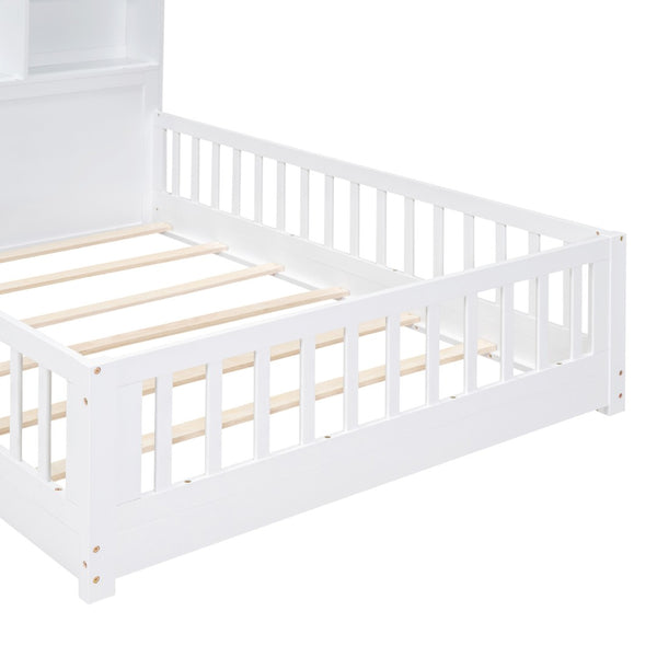 HomeRoots White Modern Full House Bed Frame with USB Charging, Storage Drawers & Sturdy Platform Support 606506