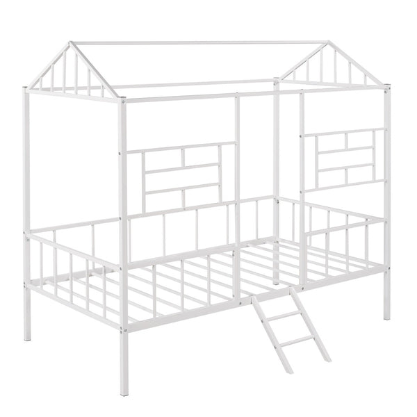 HomeRoots White Metal Twin Canopy Bed Frame - Modern Design, Sturdy Support for Kids' Rooms & Guest Spaces 606508