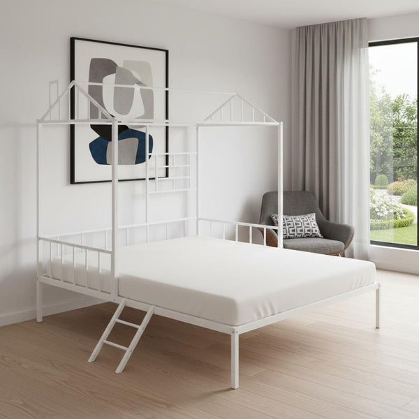 HomeRoots White Metal Twin Canopy Bed Frame - Modern Design, Sturdy Support for Kids' Rooms & Guest Spaces 606508