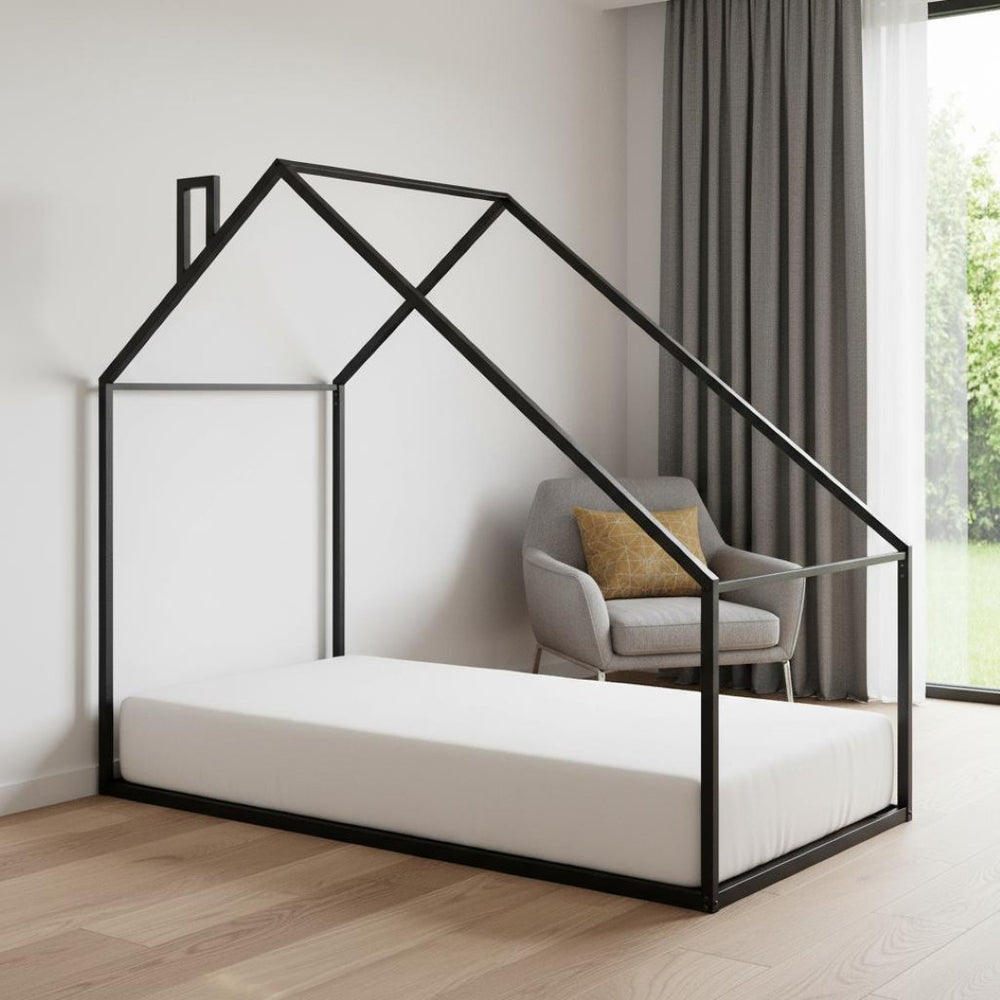 HomeRoots Black Metal Twin House Bed Frame - Modern, Durable Design for Kids & Guest Rooms, Easy Assembly 606509