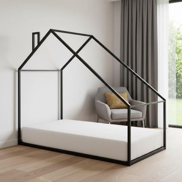 HomeRoots Black Metal Twin House Bed Frame - Modern, Durable Design for Kids & Guest Rooms, Easy Assembly 606509