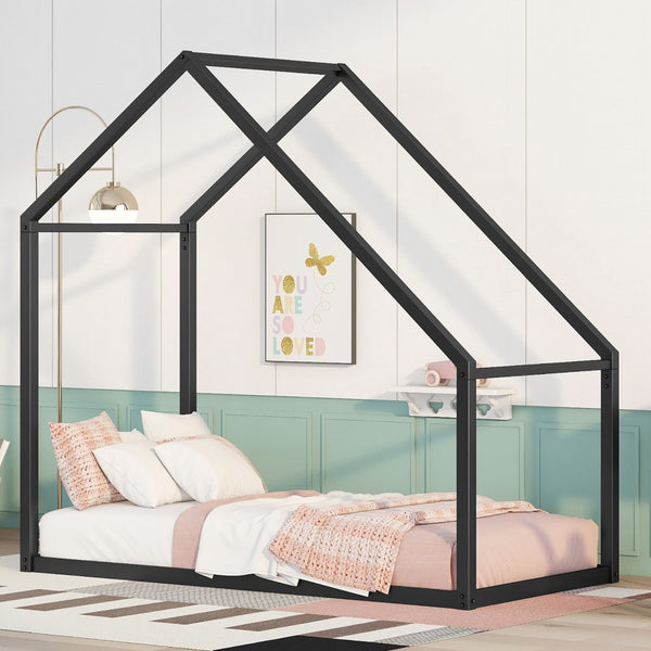 HomeRoots Black Metal Twin House Bed Frame - Modern, Durable Design for Kids & Guest Rooms, Easy Assembly 606509
