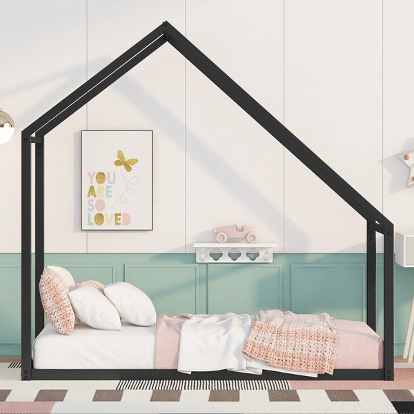 HomeRoots Black Metal Twin House Bed Frame - Modern, Durable Design for Kids & Guest Rooms, Easy Assembly 606509