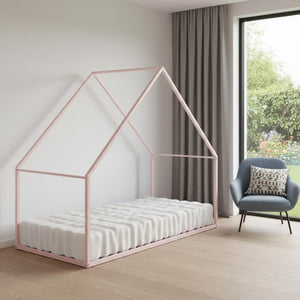 HomeRoots Pink Metal Twin House Bed - Charming Playful Design with Sturdy Construction for a Cozy Kids’ Room 606510