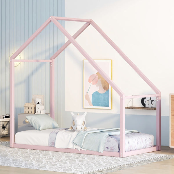 HomeRoots Pink Metal Twin House Bed - Charming Playful Design with Sturdy Construction for a Cozy Kids’ Room 606510