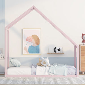 HomeRoots Pink Metal Twin House Bed - Charming Playful Design with Sturdy Construction for a Cozy Kids’ Room 606510