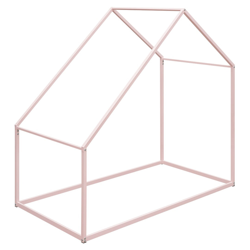 HomeRoots Pink Metal Twin House Bed - Charming Playful Design with Sturdy Construction for a Cozy Kids’ Room 606510