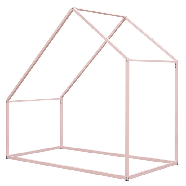 HomeRoots Pink Metal Twin House Bed - Charming Playful Design with Sturdy Construction for a Cozy Kids’ Room 606510